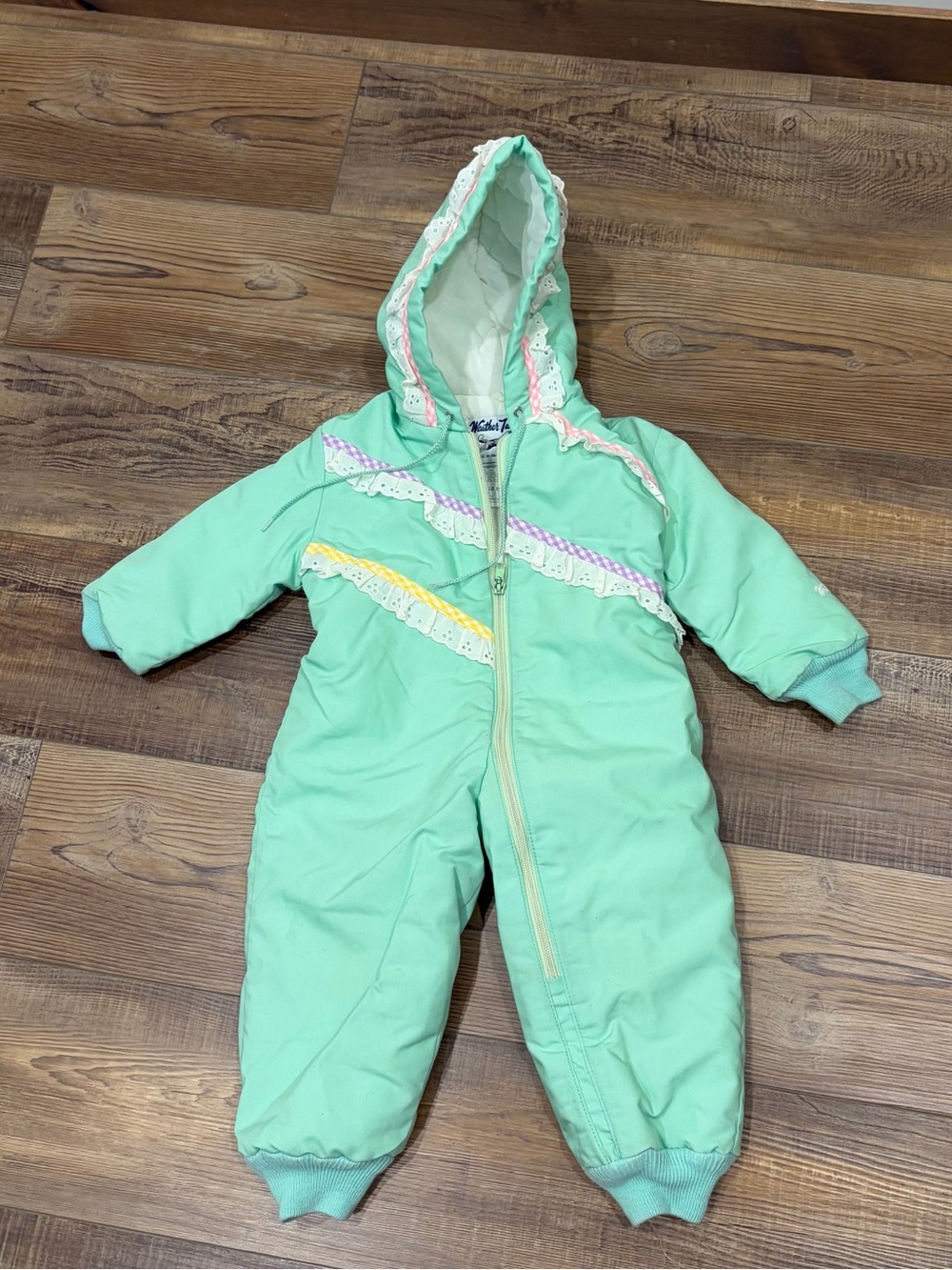 Vintage Weather Tamer Mint Green Hooded Kids One-Piece snow suit USA Made